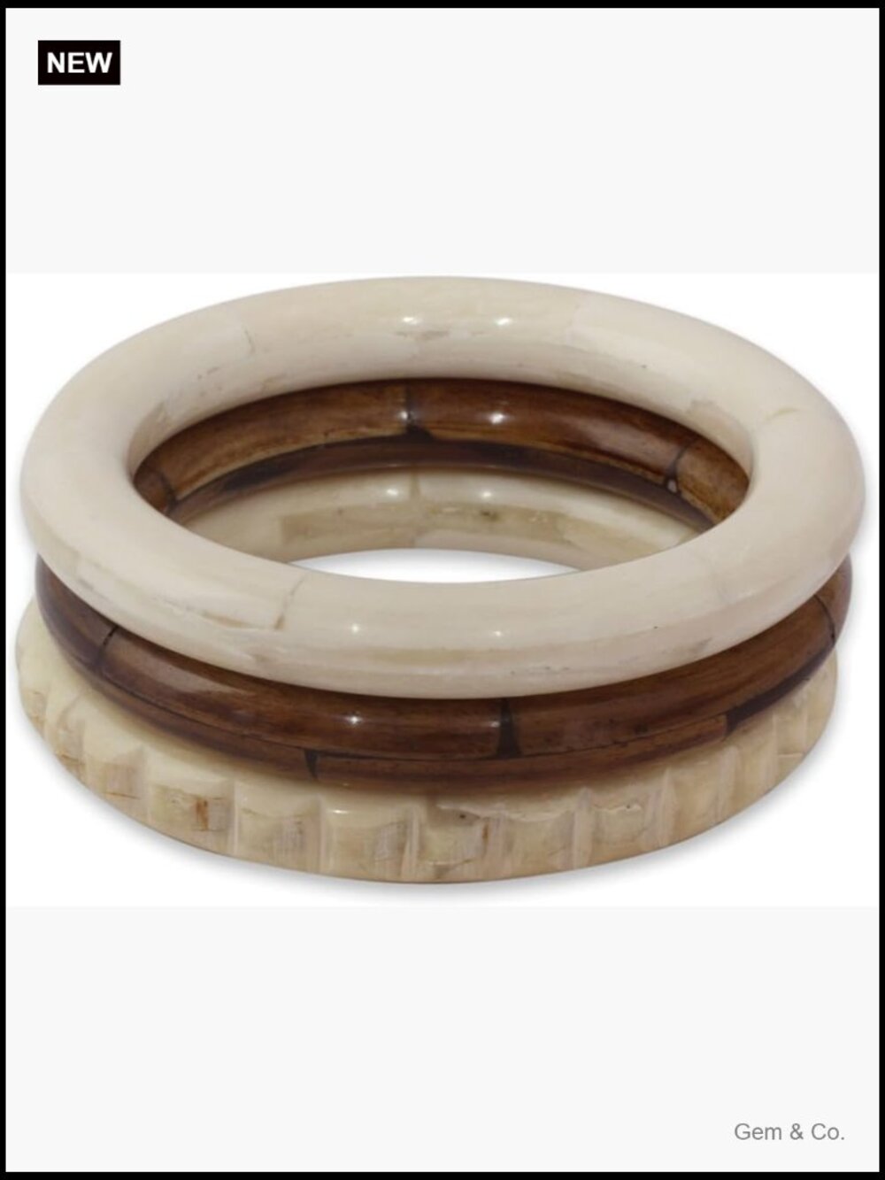 Set of 3 Hand Carved Bone Bangle Bracelets 7.5 inch